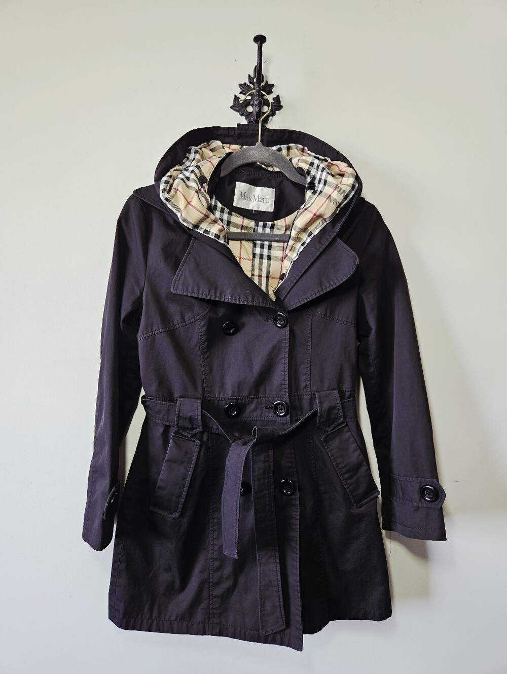 Vintage MaxMara Trench Coat Size L Black Plaid Lining Jacket
